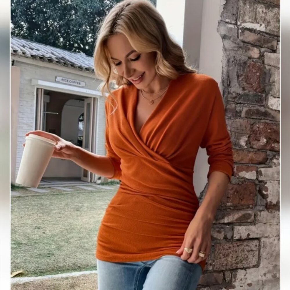 La Mode Orange Ruched Faux Wrap Top